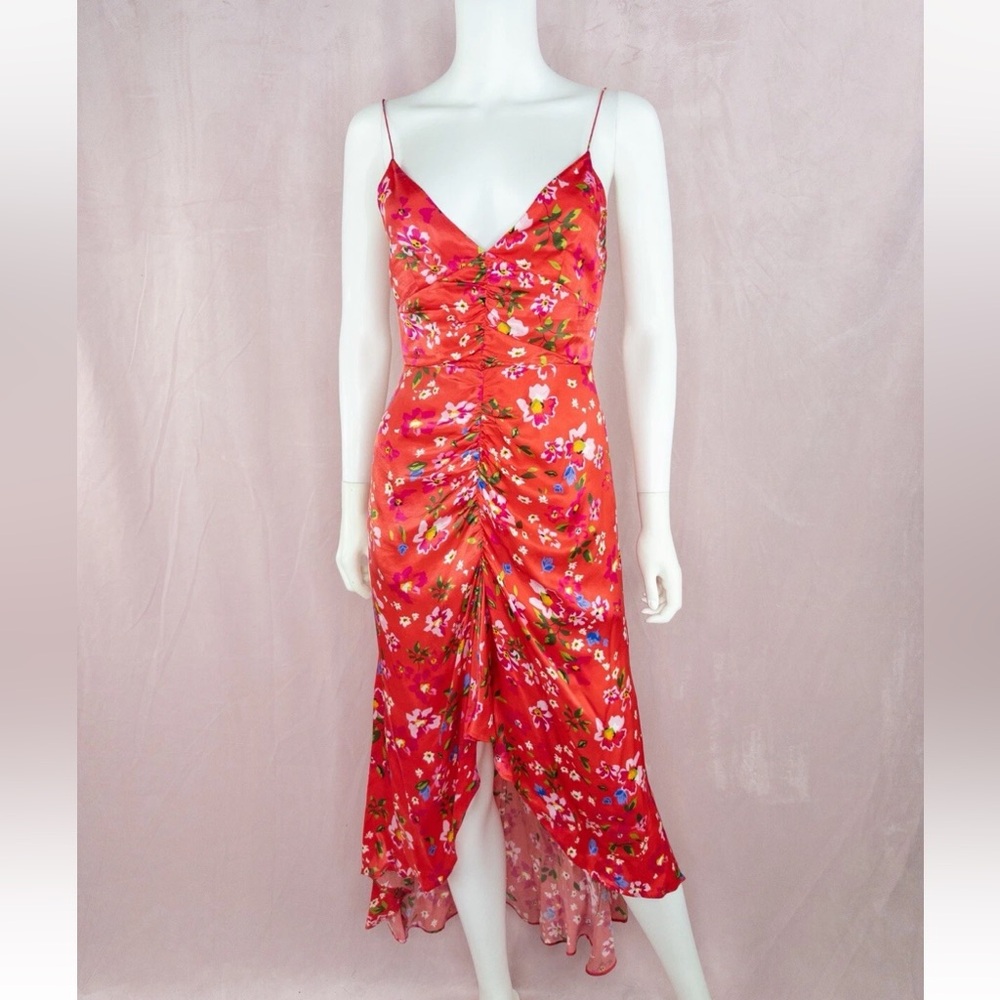 Sau Lee Womens Red Floral Silky Cupro V Neck Dress Gown Size 0